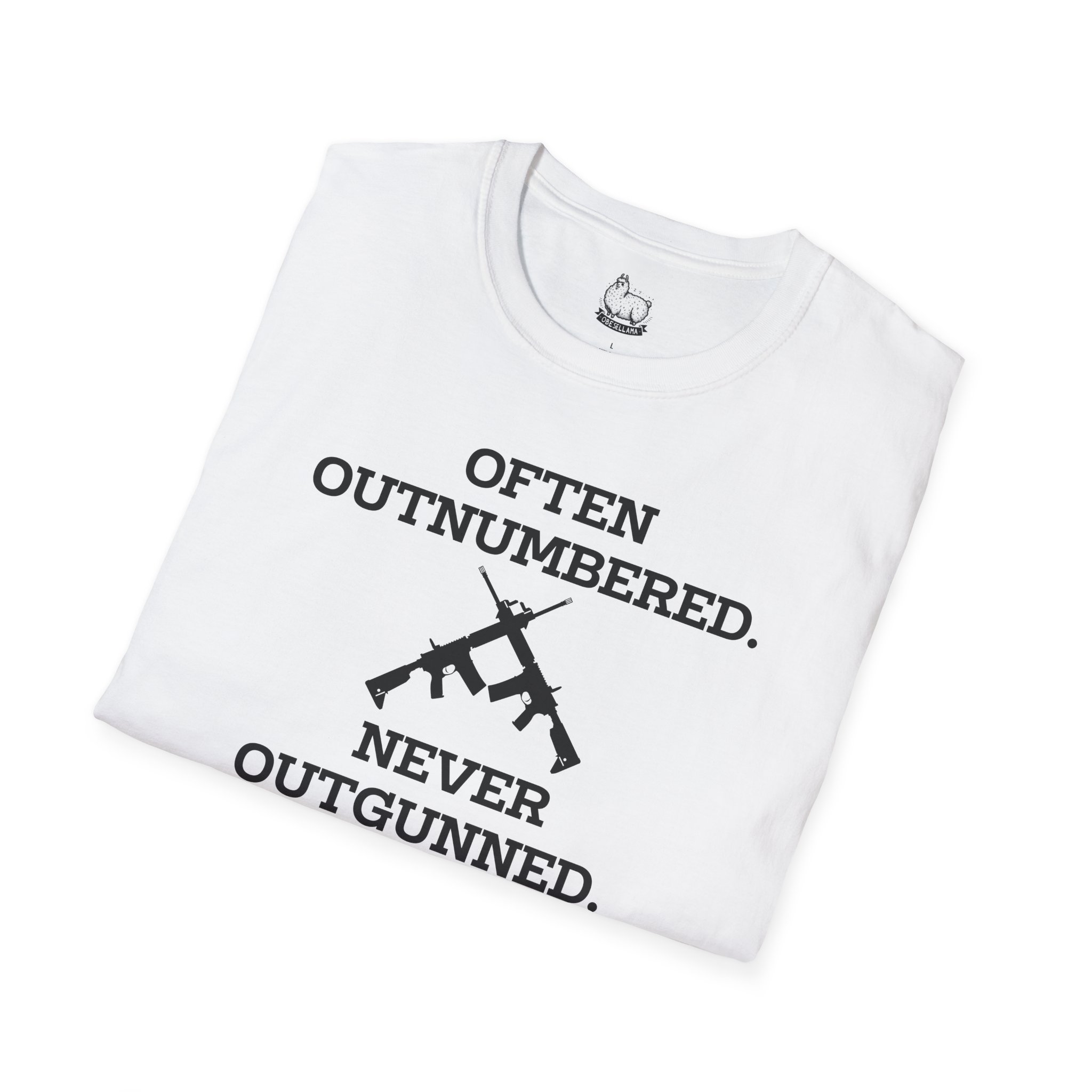 "Often Outnumbered. Never Outgunned" Unisex Softstyle T-Shirt - Image 4